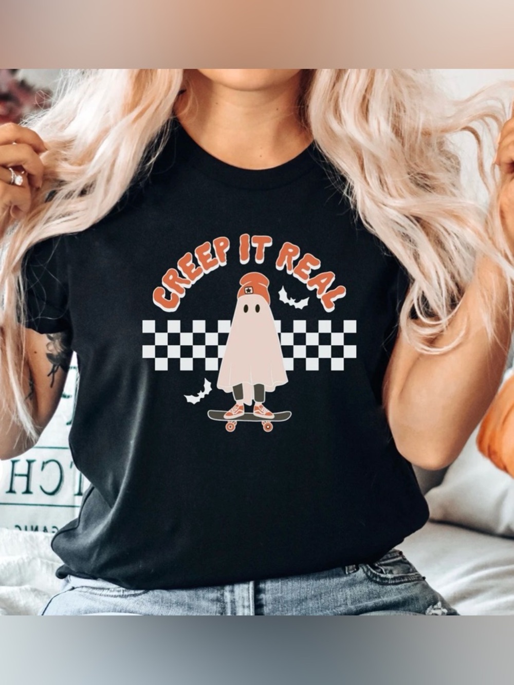 Creep It Real Ghost Skate Graphic Tee - Black & Orange